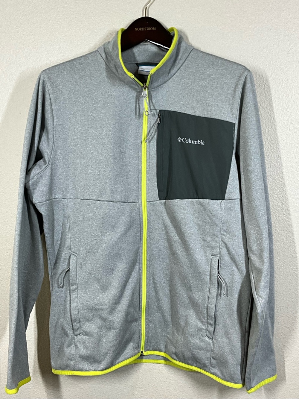 Columbia Light Gray Performance Jacket with Neon Yellow Trim